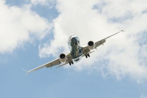 Boeing 737 MAX on a steep angled landing descent to Farnborough Airport, UK