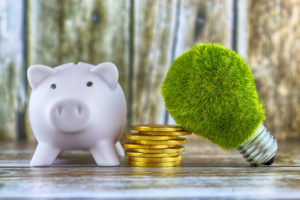 A PIGGY BANK SITS NEXT TO A PILE OF GOLD COINS. A GRASS-COVERED LIGHTBULB LEANS ON THE PILE OF COINS.