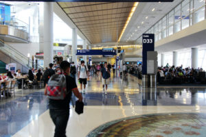 HUNDREDS OF PEOPLE CAN BE SEEN WALKING AROUND OR SITTING INSIDE OF THE DALLAS-FORT WORTH AIRPORT IN TEXAS.