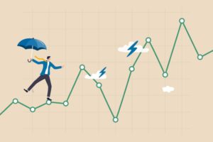 A GRAPHIC SHOWS A HUMAN FIGURE DANCING ALONG A WILDLY FLUCTUATING GRAPH LINE THAT FEATURES STORM CLOUDS, HOLDING AN UMBRELLA