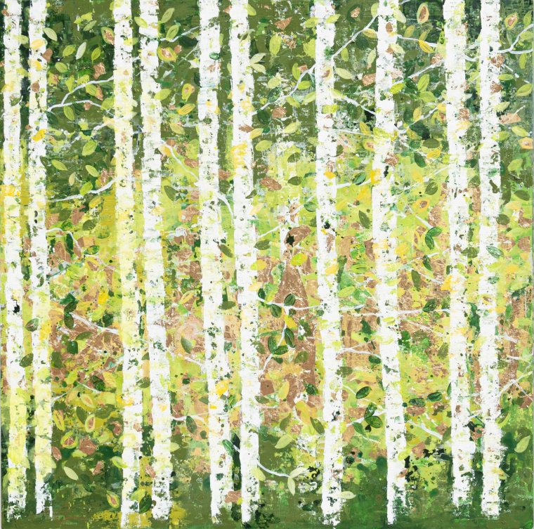 Komorebi greenandgold150cmsqoilacrylicoiloncanvas