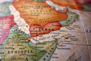 A close up of a map of the Middle East and Northern Africa, centered around Yemen and the Gulf of Aden