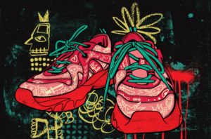 A COLORFUL, POP-ART STYLE PAINTING OF A PAIR OF SNEAKERS, FULL OF ORANGES AND DOODLES